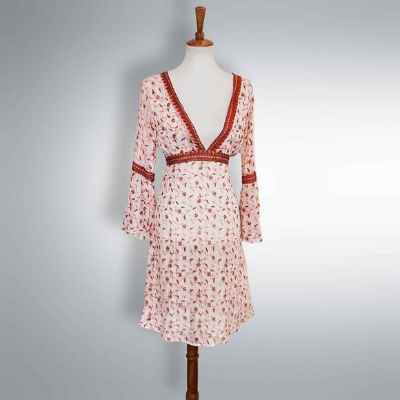 Vintage Ari Shamaris Y2K Boho Gauze Dress – Bell Sleeves, Red Floral Print - Picture 1 of 6